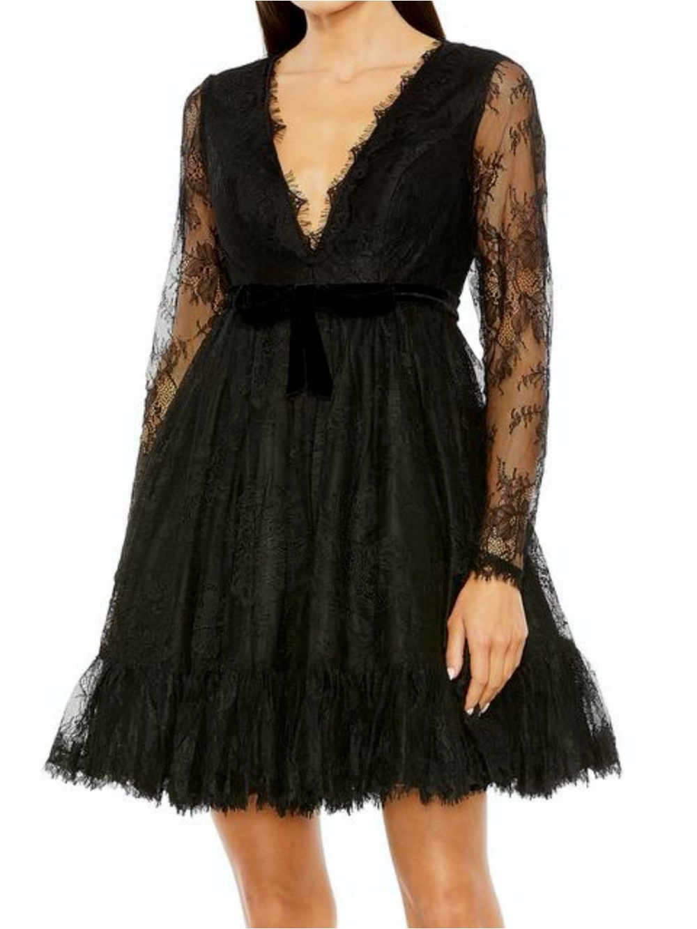 Mac Duggal 49794 Black Lace Cocktail Dress Sheer Sleeves NWT